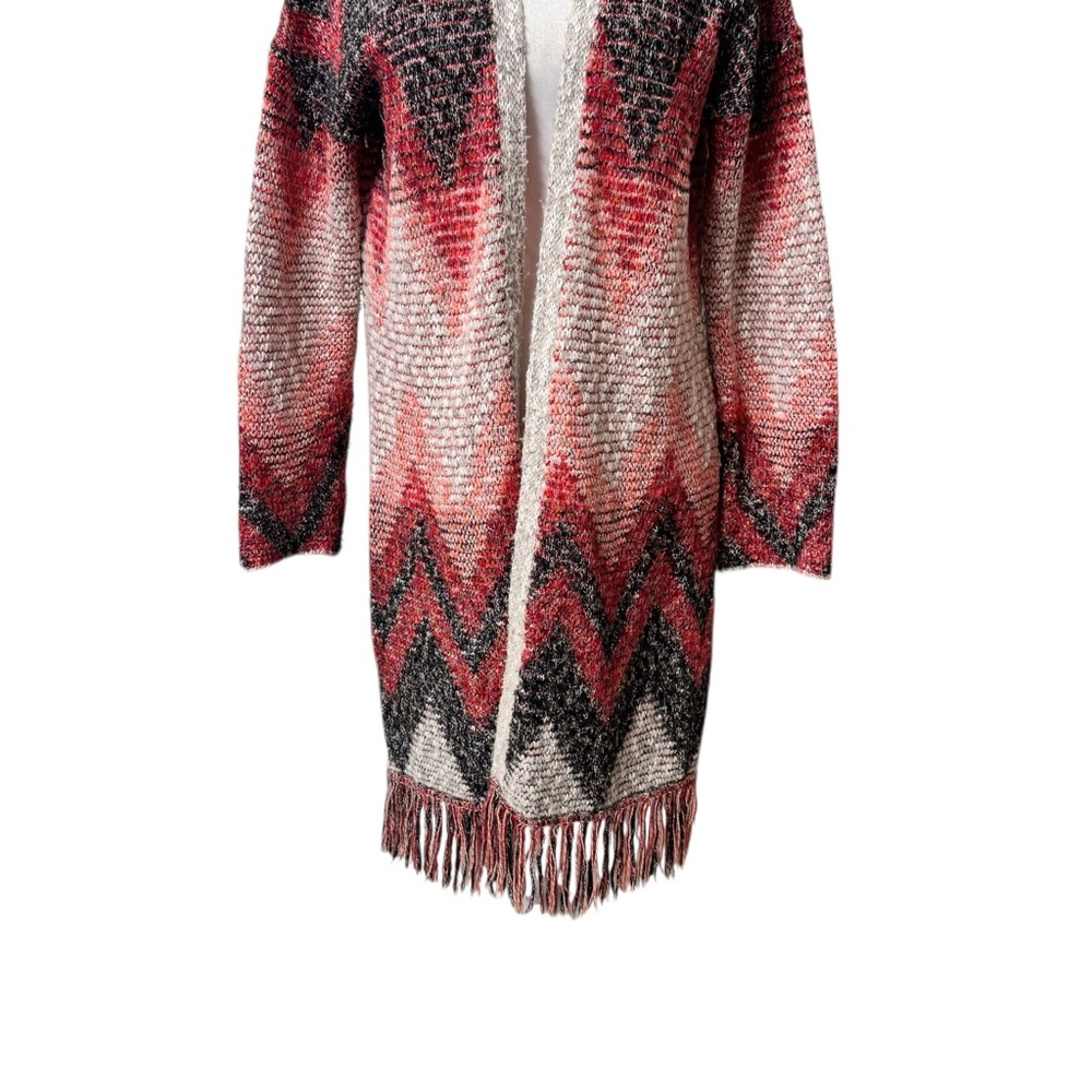 Lucky Brand Long Cardigan Medium  Red /Grey Aztec Fringe Duster western  Sweater - Picture 2 of 9